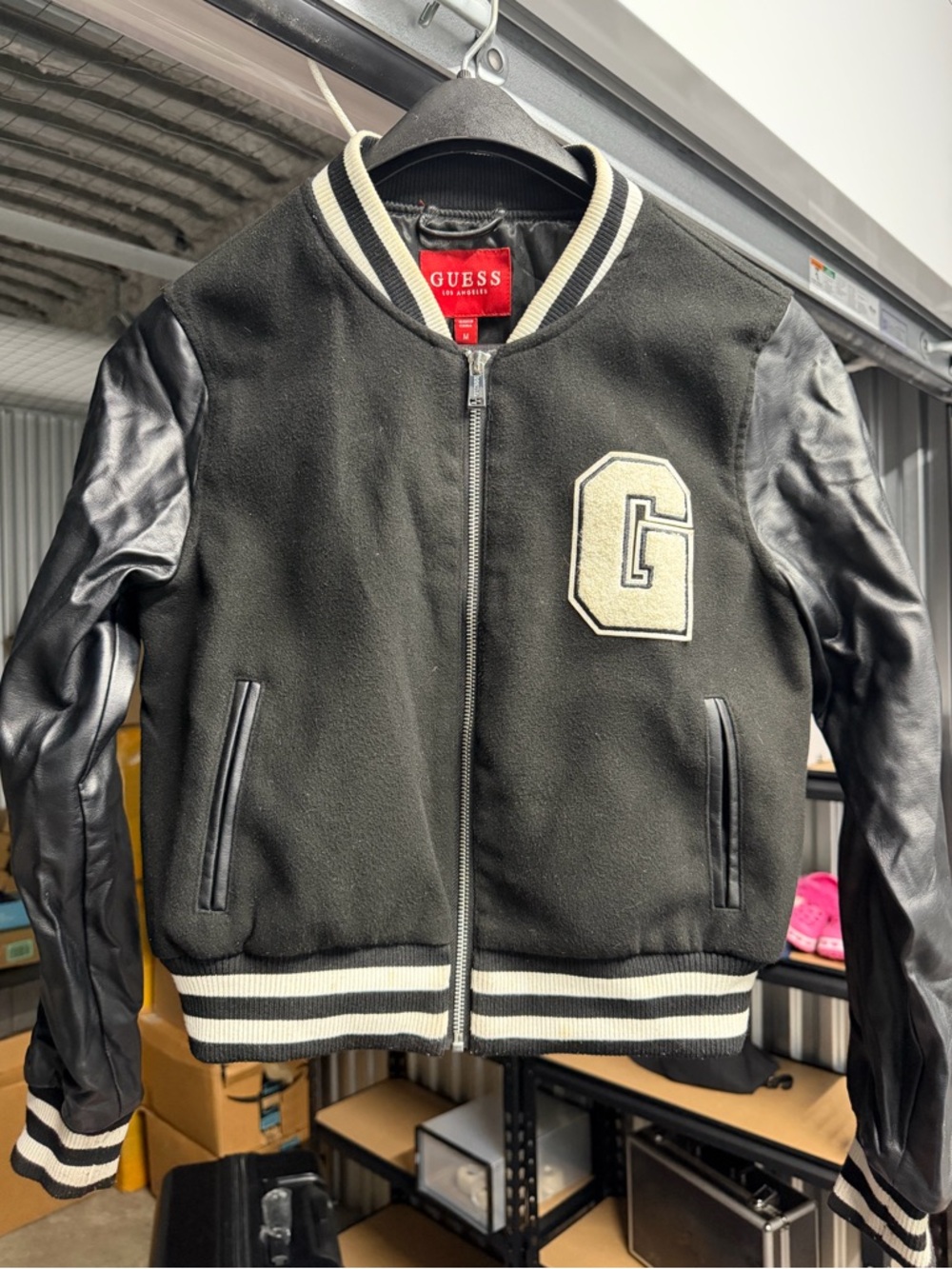 GUESS Black Jacket with Cream Stripe Rib Collar